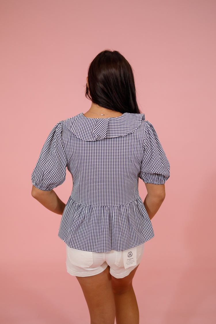 Gingham Ruffle Puff Sleeve Top, NAVY Jaxe + Grace Boutique