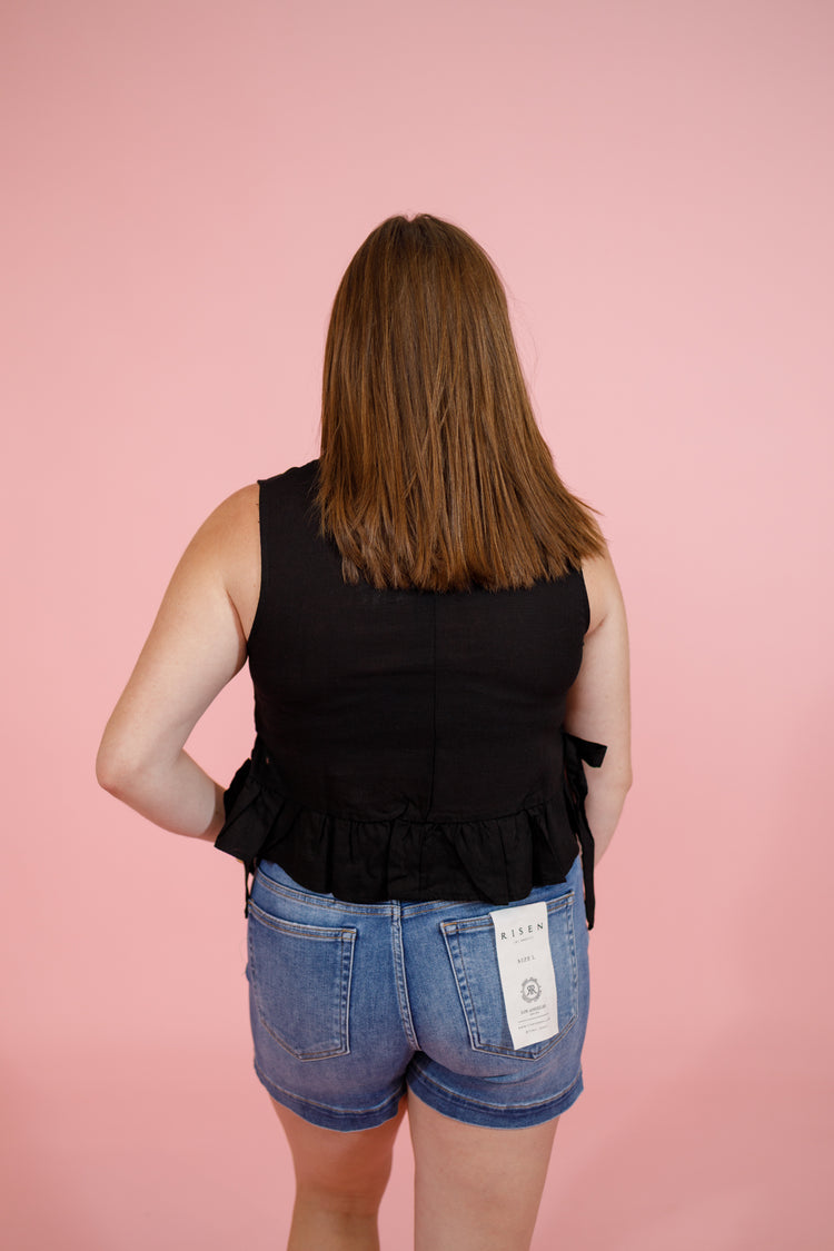 Black Side Tie Ruffle Top Jaxe + Grace Boutique