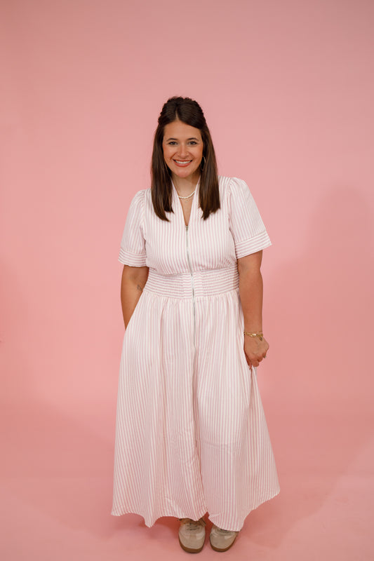 Lt. Pink Stripe Zip Midi Dress Jaxe + Grace Boutique