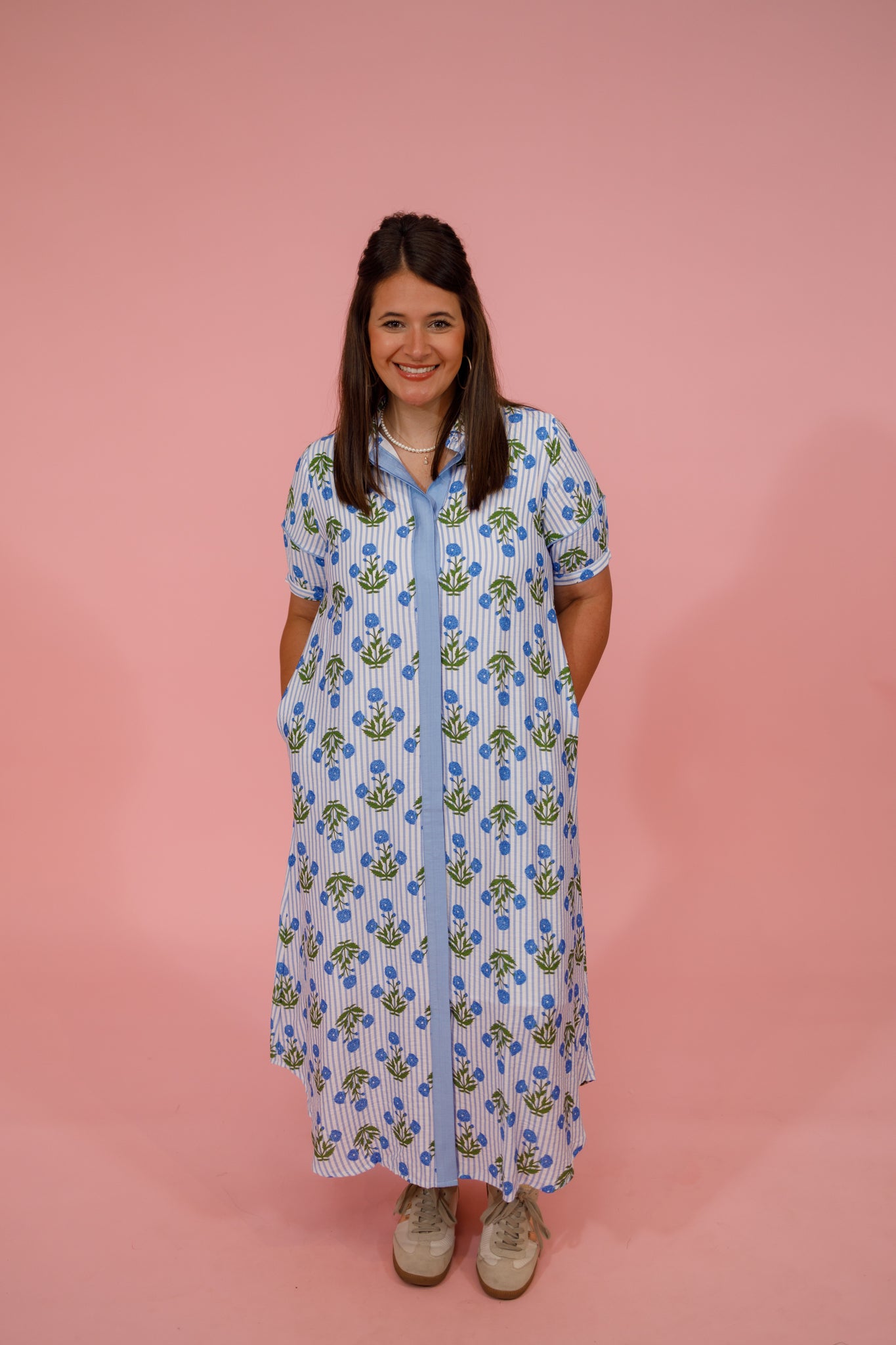 Blue Floral Stripe Midi Dress Jaxe + Grace Boutique
