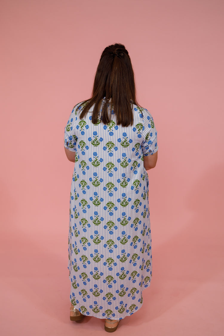 Blue Floral Stripe Midi Dress Jaxe + Grace Boutique