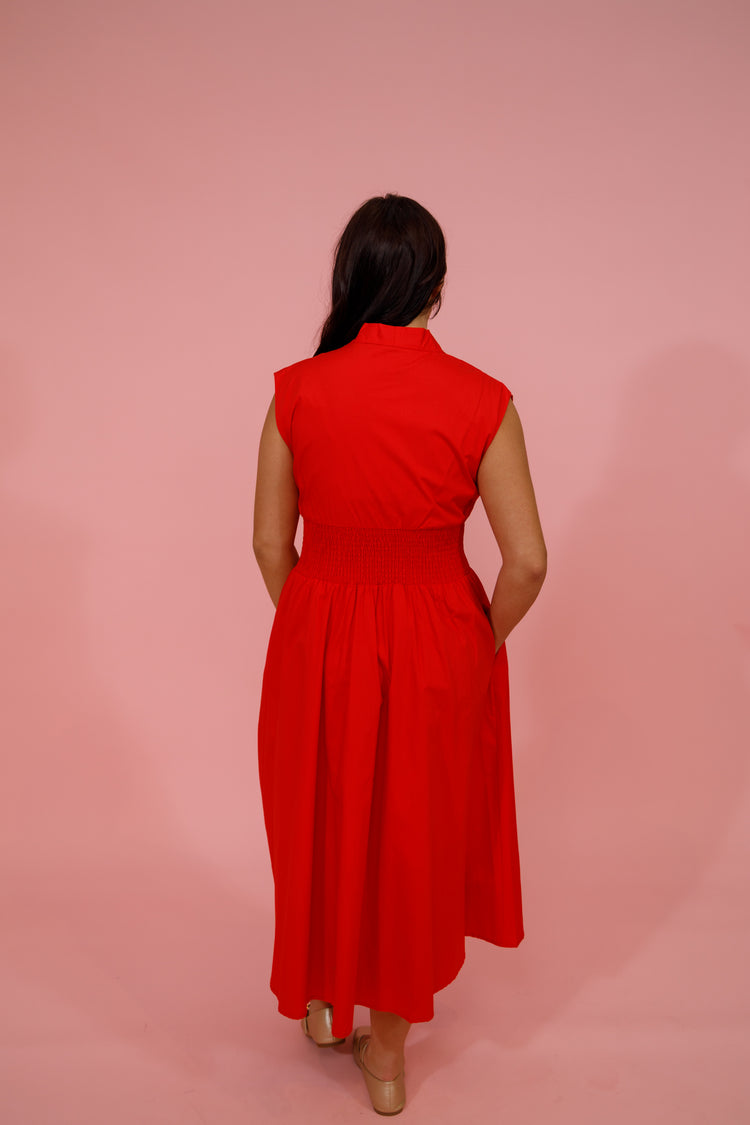 Red Smocked Zip Midi Dress Jaxe + Grace Boutique