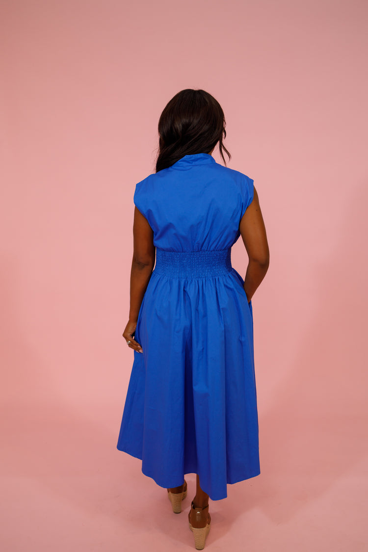 Blue Smocked Zip Midi Dress Jaxe + Grace Boutique