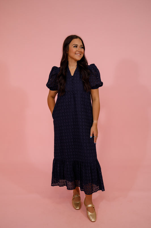 Navy Eyelet Bubble Sleeve Midi Dress Jaxe + Grace Boutique