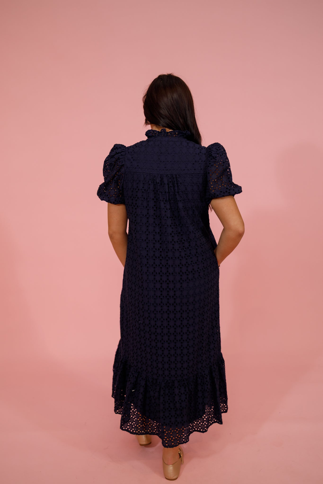 Navy Eyelet Bubble Sleeve Midi Dress Jaxe + Grace Boutique
