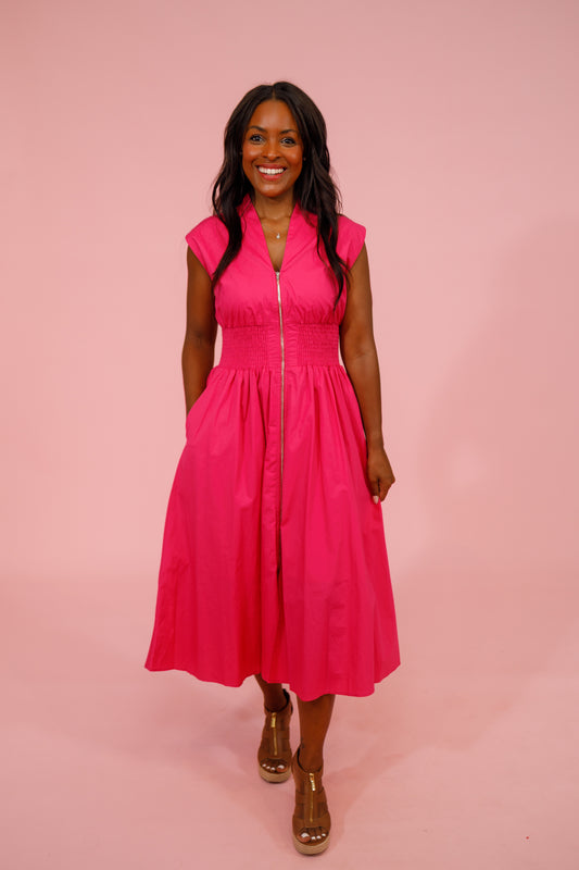 Fuchsia Smocked Zip Midi Dress, S-2XL Jaxe + Grace Boutique