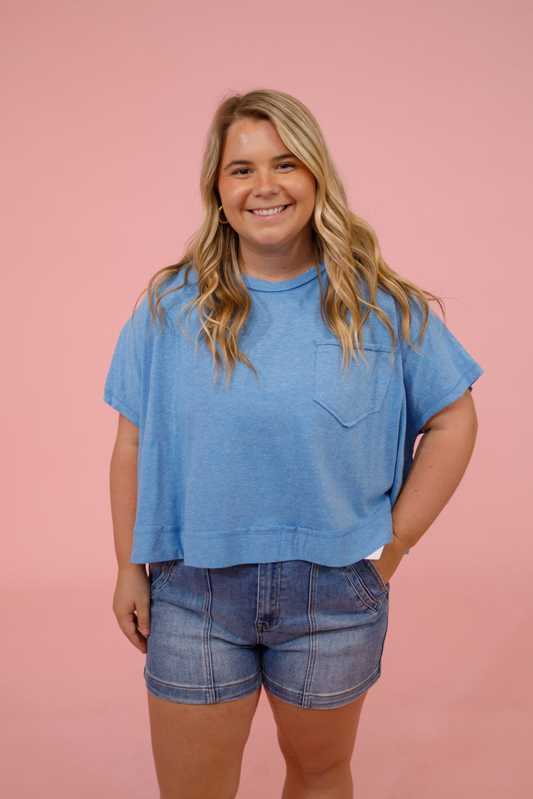 H Ocean Blue Exposed Seam Boxy Top Jaxe + Grace Boutique