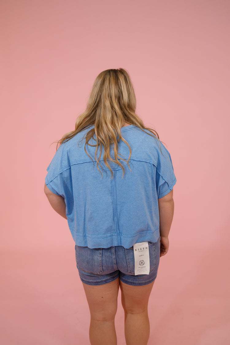 H Ocean Blue Exposed Seam Boxy Top Jaxe + Grace Boutique