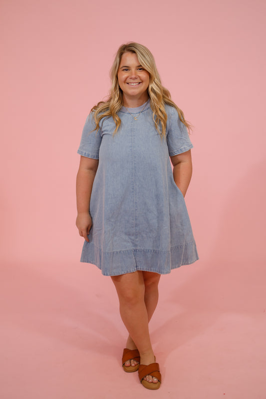 Light Denim Relaxed Mini Dress Jaxe + Grace Boutique