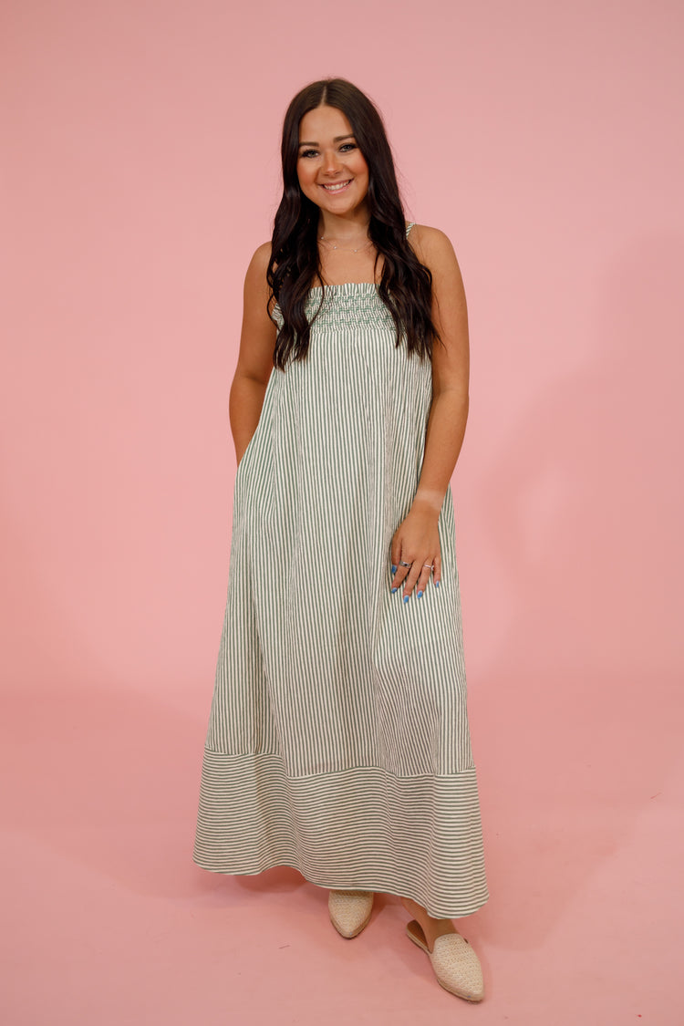 Green Stripe Embroidered Smocked Maxi Dress Jaxe + Grace Boutique