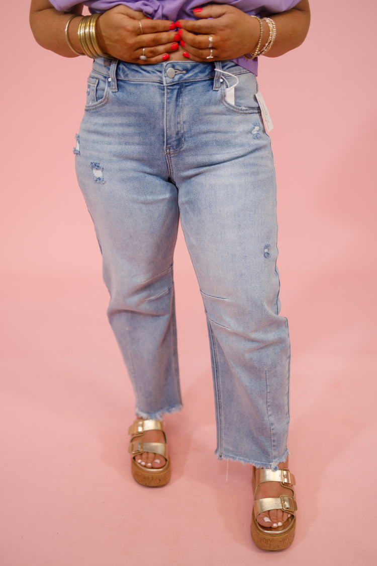 Risen Light Wash Crop Barrel Jeans Jaxe + Grace Boutique