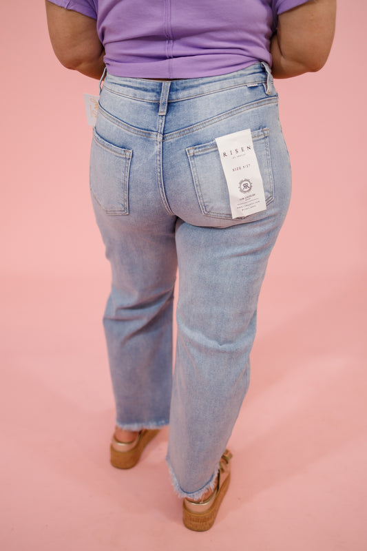 Risen Light Wash Crop Barrel Jeans Jaxe + Grace Boutique