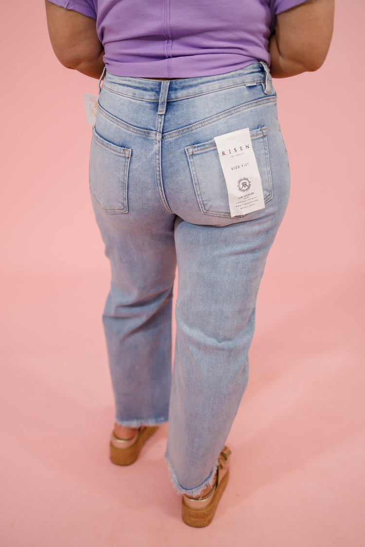 Risen Light Wash Crop Barrel Jeans Jaxe + Grace Boutique