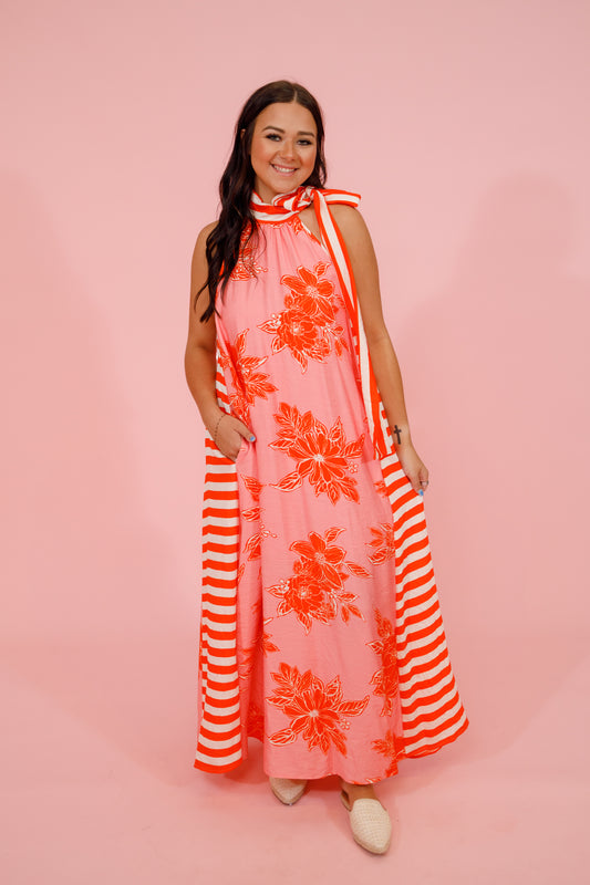 Pink and Orange Floral Stripe Midi Dress Jaxe + Grace Boutique