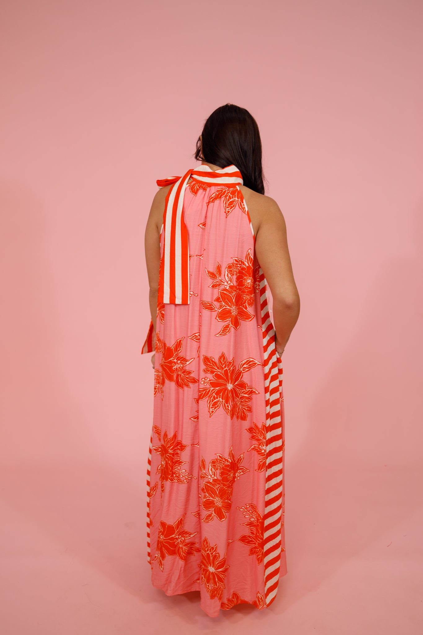 Pink and Orange Floral Stripe Midi Dress Jaxe + Grace Boutique
