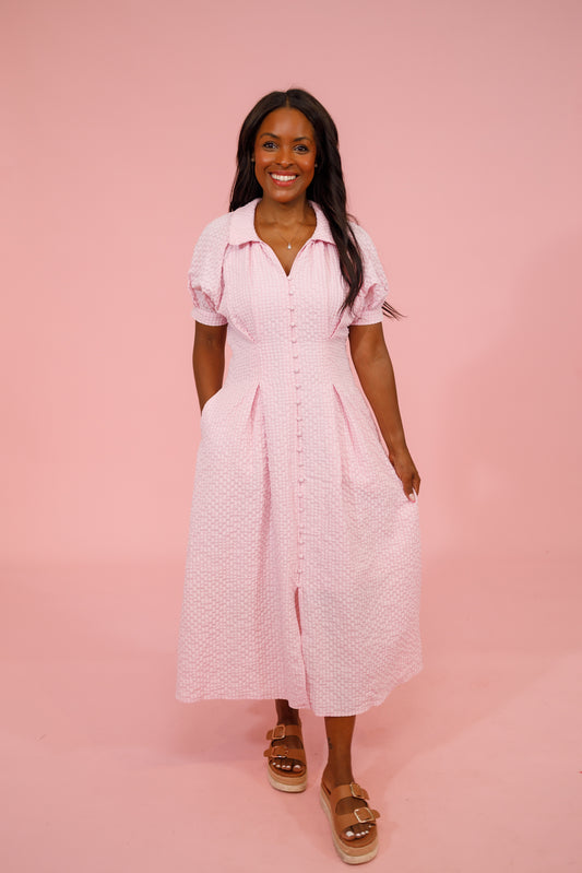 Pink Seersucker Pleated Midi Dress Jaxe + Grace Boutique