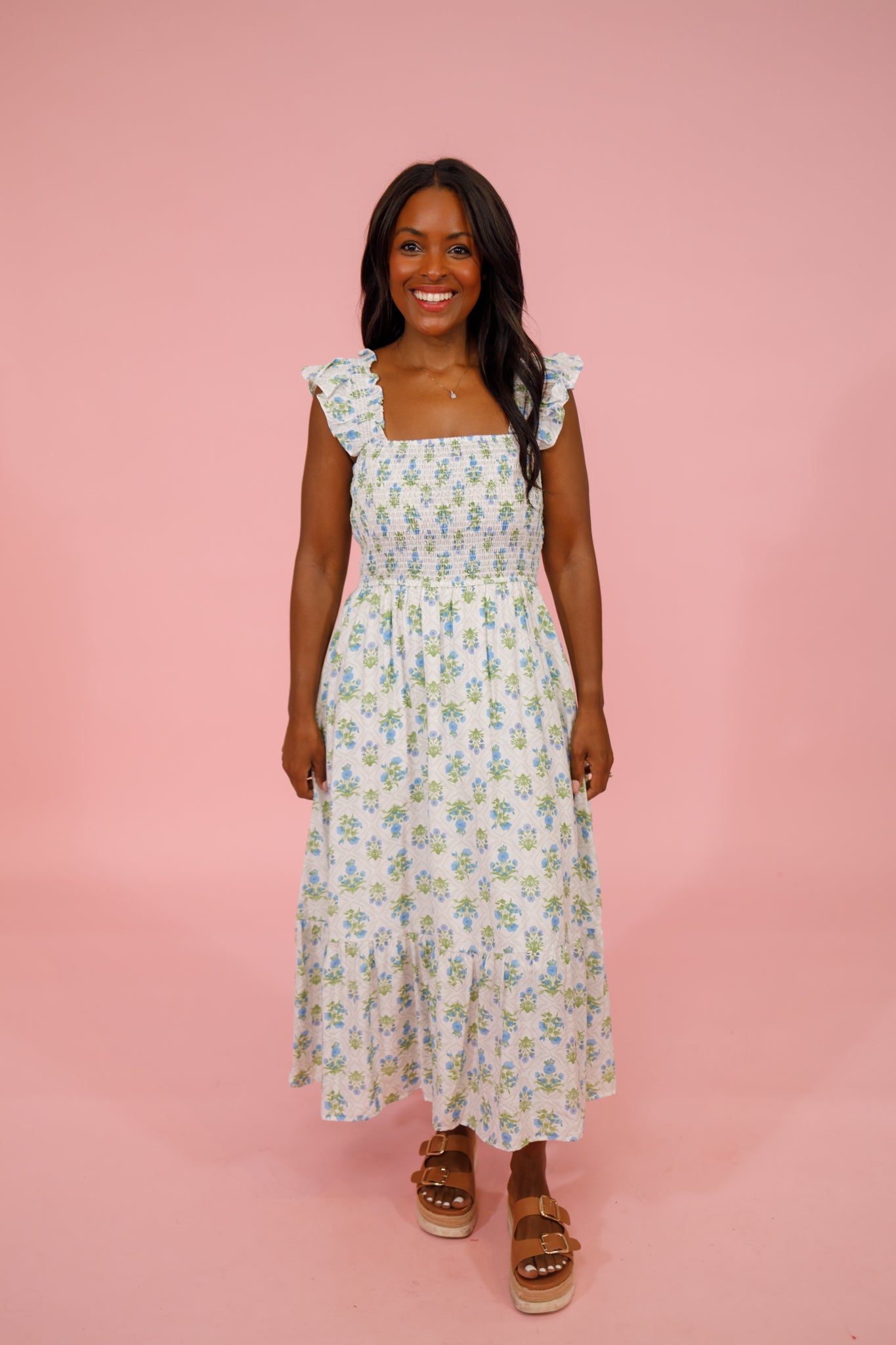 Blue Multi Floral Smocked Midi Dress Jaxe + Grace Boutique