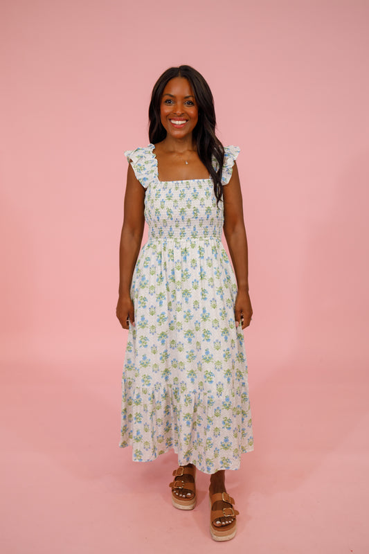 Blue Multi Floral Smocked Midi Dress Jaxe + Grace Boutique