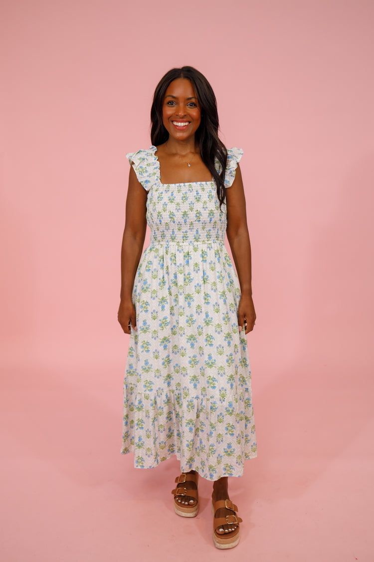 Blue Multi Floral Smocked Midi Dress Jaxe + Grace Boutique