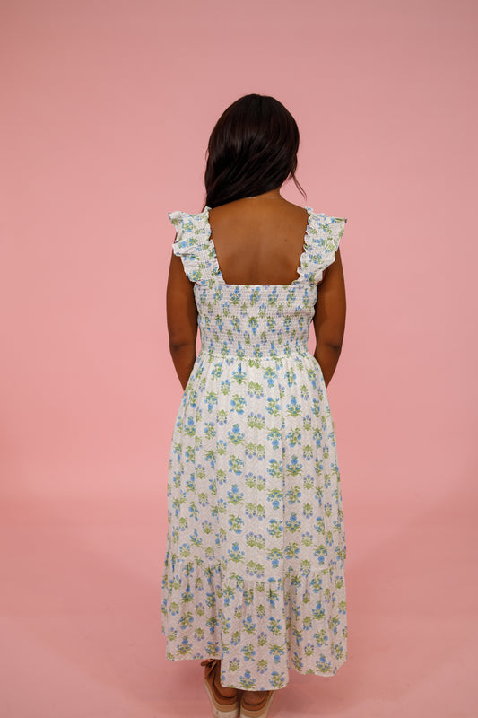 Blue Multi Floral Smocked Midi Dress Jaxe + Grace Boutique