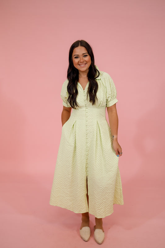 Lime Seersucker Pleated Midi Dress Jaxe + Grace Boutique