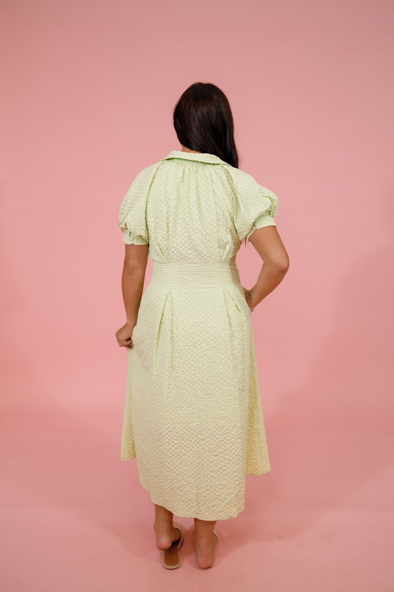 Lime Seersucker Pleated Midi Dress Jaxe + Grace Boutique