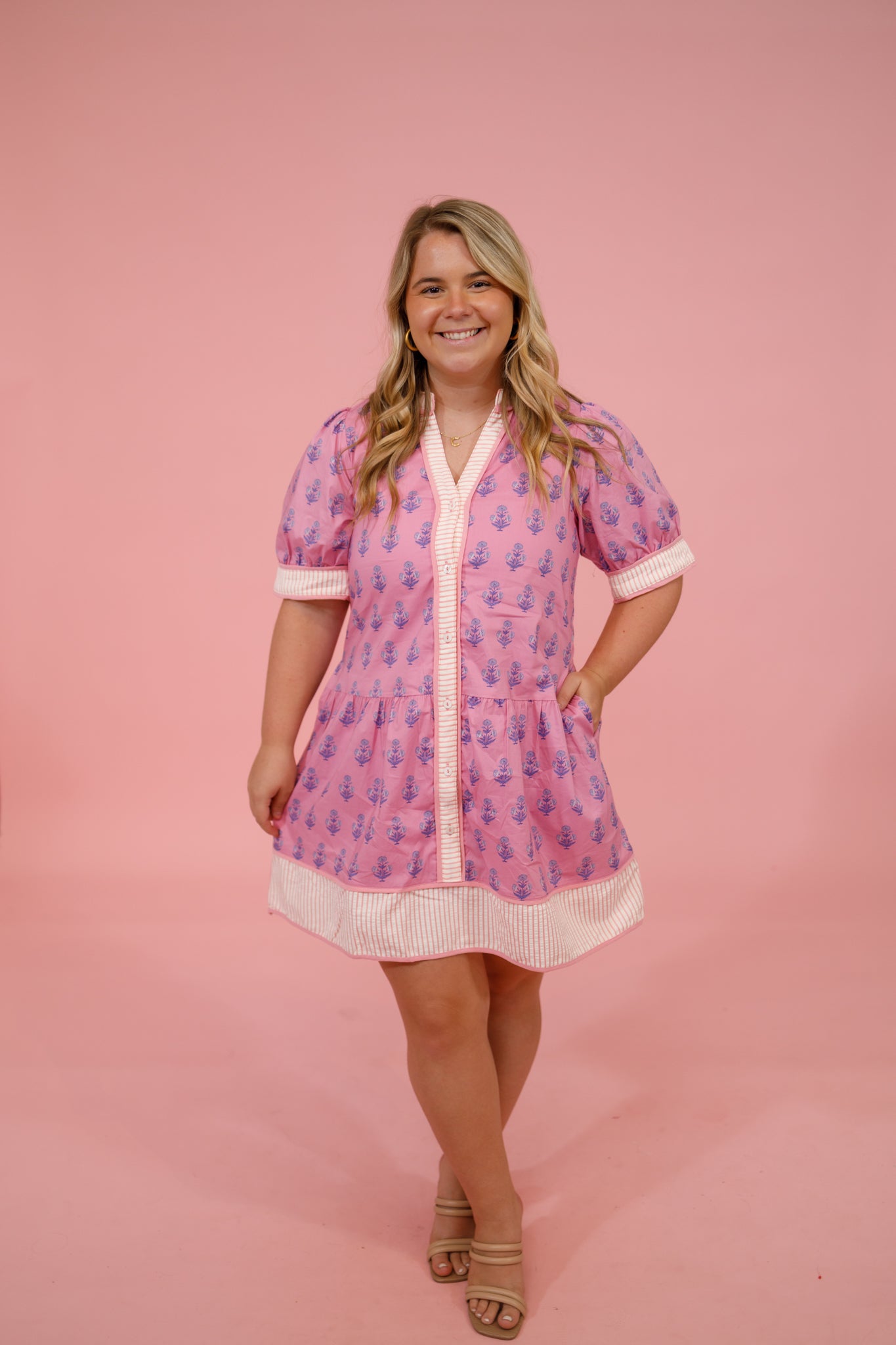 Pink Floral and Stripe Button Down Dress Jaxe + Grace Boutique