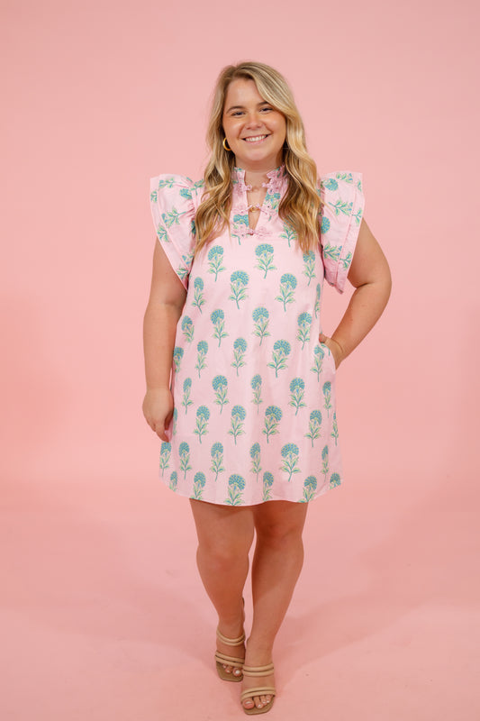 Pink Floral Ruffle Neck Dress Jaxe + Grace Boutique