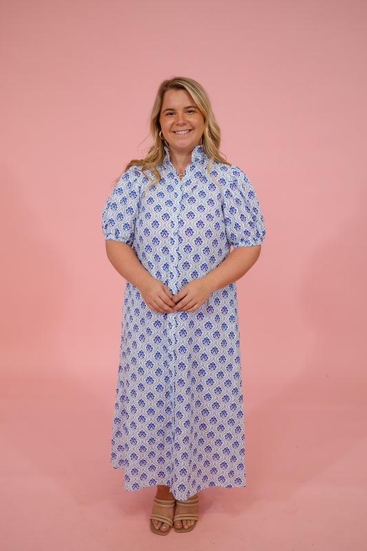 Blue and White Pattern Button Down Midi Dress Jaxe + Grace Boutique