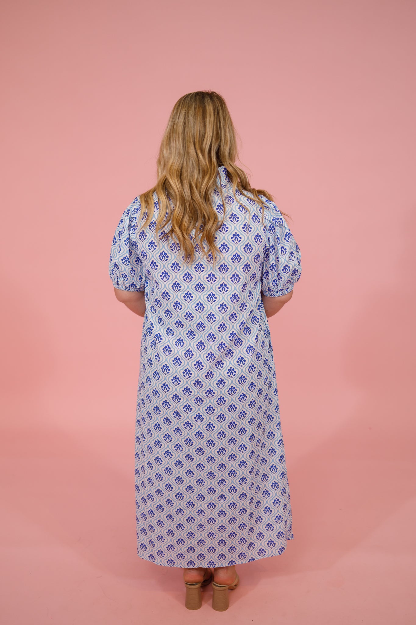 Blue and White Pattern Button Down Midi Dress Jaxe + Grace Boutique