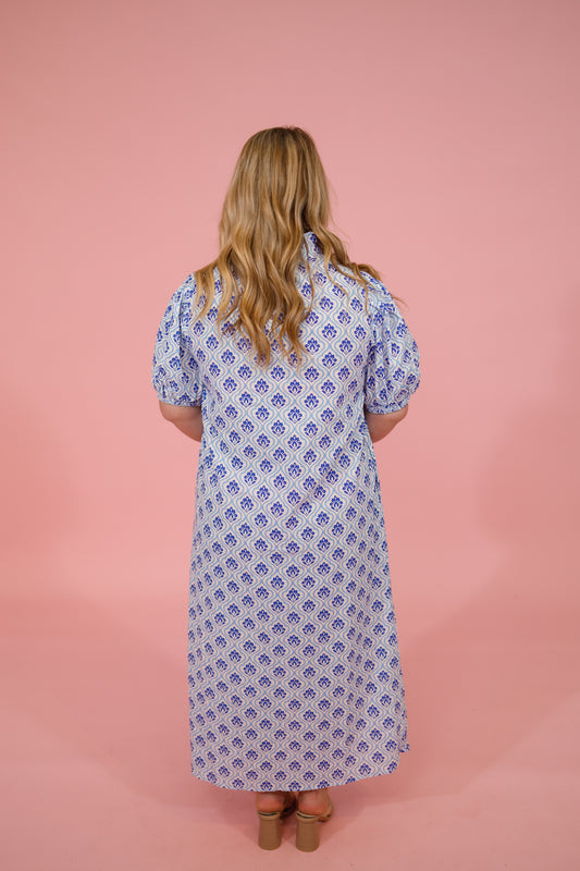 Blue and White Pattern Button Down Midi Dress Jaxe + Grace Boutique
