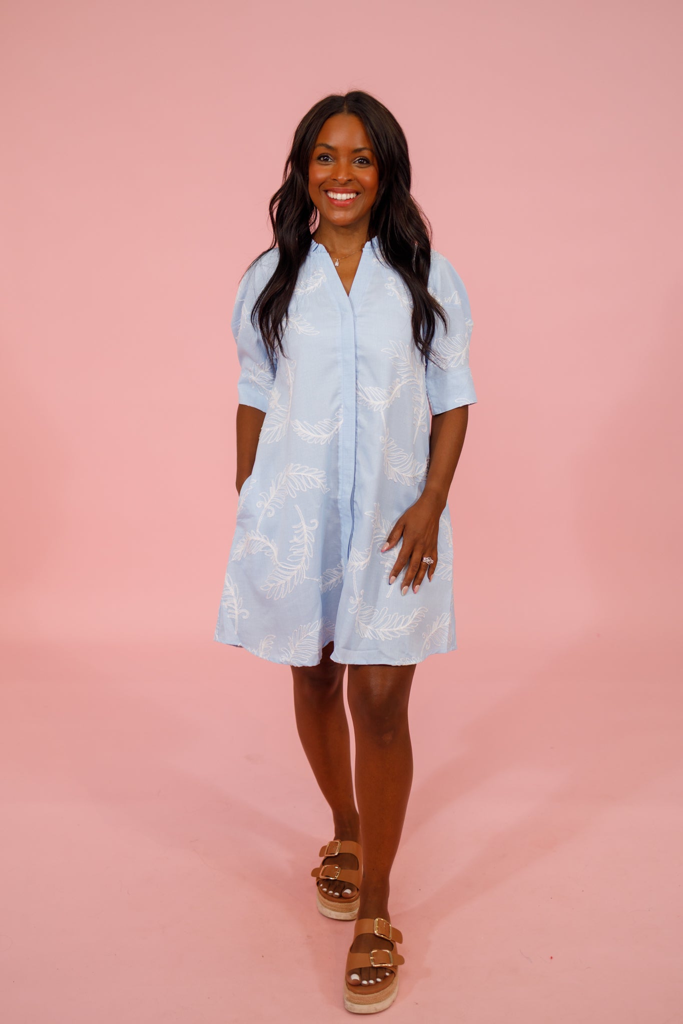 Blue Embroidered Button Down Dress Jaxe + Grace Boutique