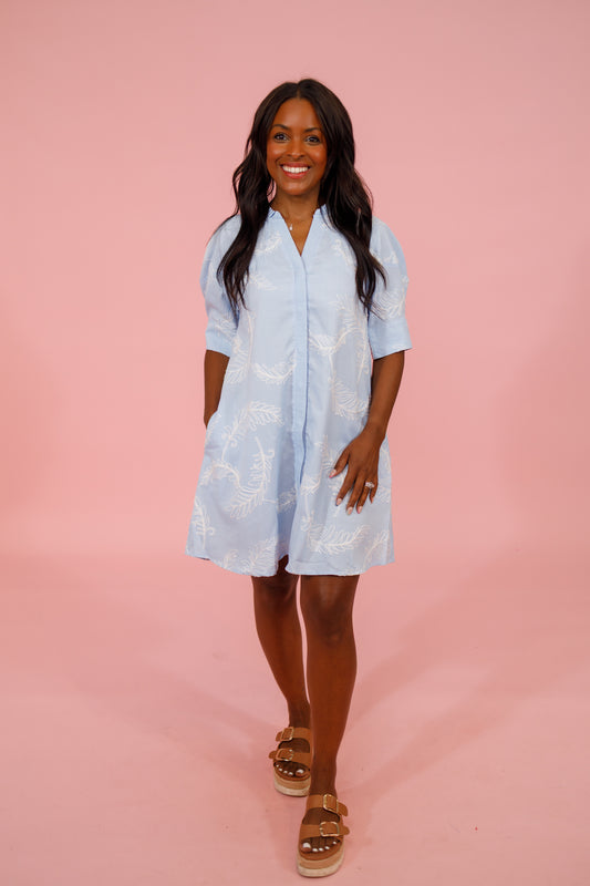 Blue Embroidered Button Down Dress Jaxe + Grace Boutique