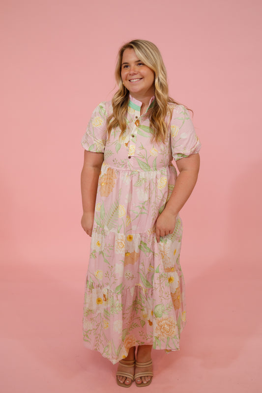 Pink and Green Multi Floral Tiered Midi Dress Jaxe + Grace Boutique