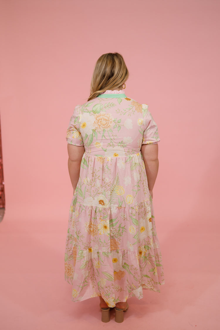 Pink and Green Multi Floral Tiered Midi Dress Jaxe + Grace Boutique