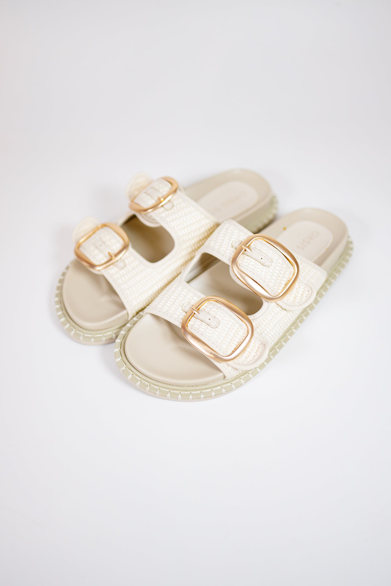 Daytona Ivory Two-Tone Raffia Gold Buckle Sandal Jaxe + Grace Boutique