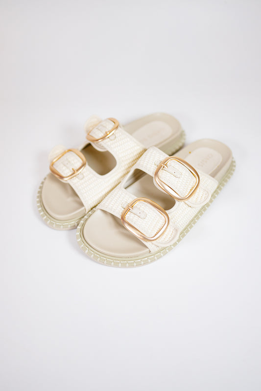 Daytona Ivory Two-Tone Raffia Gold Buckle Sandal Jaxe + Grace Boutique