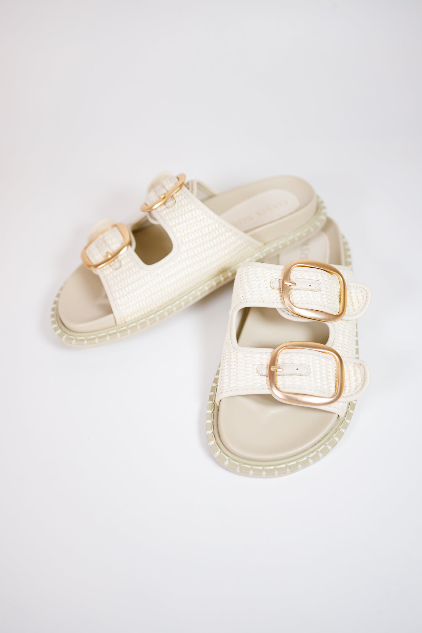 Daytona Ivory Two-Tone Raffia Gold Buckle Sandal Jaxe + Grace Boutique