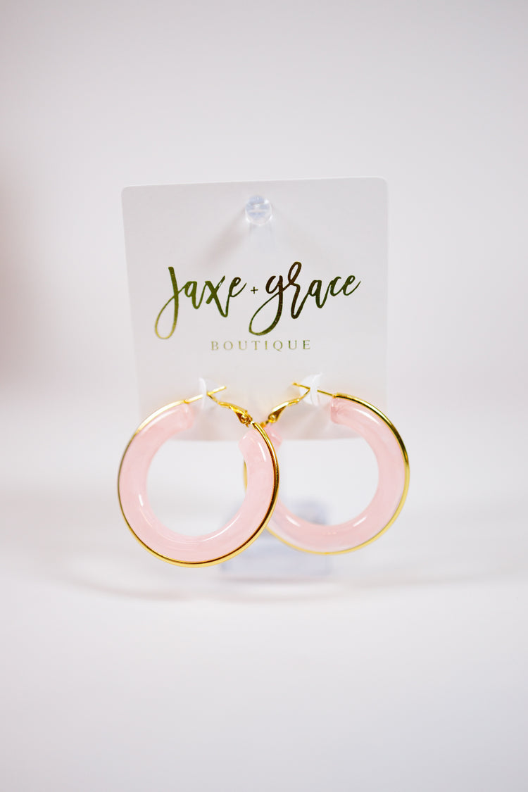 Gold Trimmed Pink Resin Hoop Earrings Jaxe + Grace Boutique