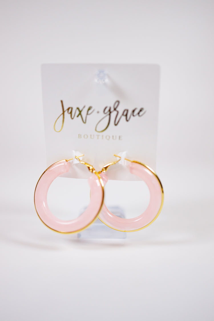 Gold Trimmed Pink Resin Hoop Earrings Jaxe + Grace Boutique
