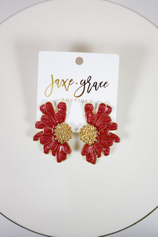 Burgundy Daisy Flower Earrings Jaxe + Grace Boutique