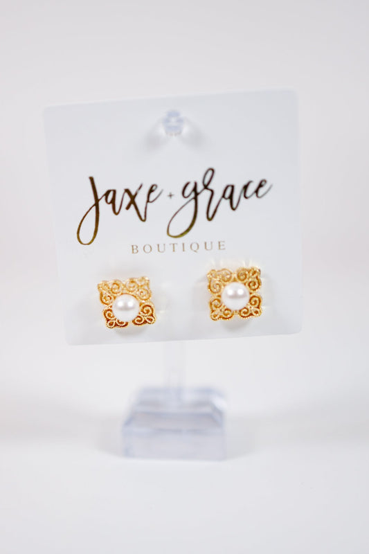 Gold and Pearl Square Earrings Jaxe + Grace Boutique