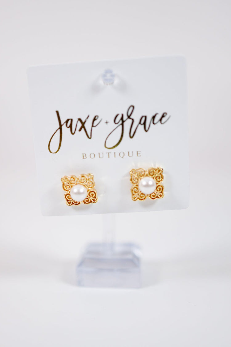 Gold and Pearl Square Earrings Jaxe + Grace Boutique