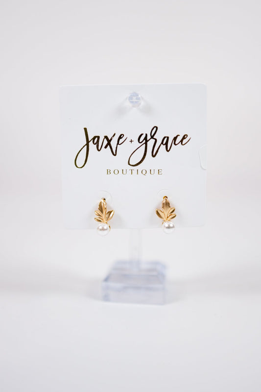 Elegant Leaf Design Pearl Drop Earrings Jaxe + Grace Boutique