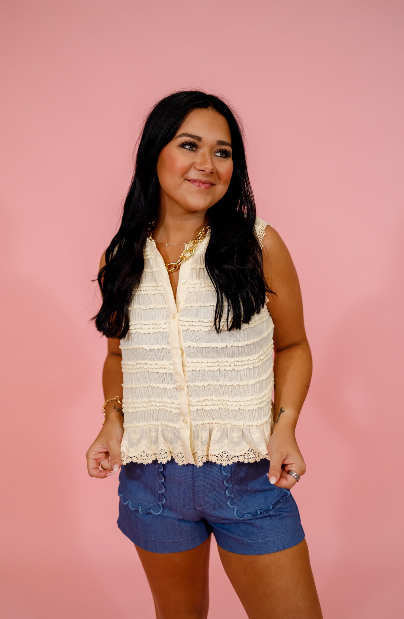 Cream Shirred Lace Trim Top Jaxe + Grace Boutique