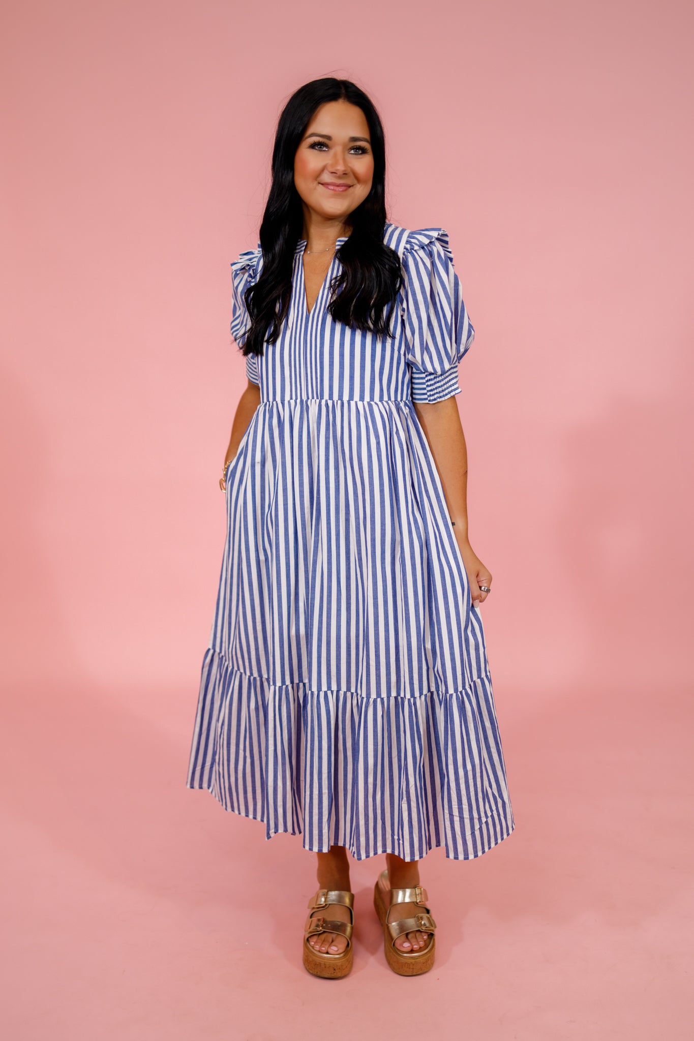 Navy Stripe Tiered Linen Midi Dress Jaxe + Grace Boutique
