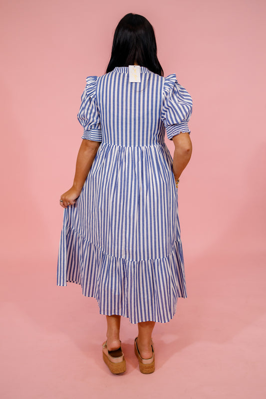 Navy Stripe Tiered Linen Midi Dress Jaxe + Grace Boutique