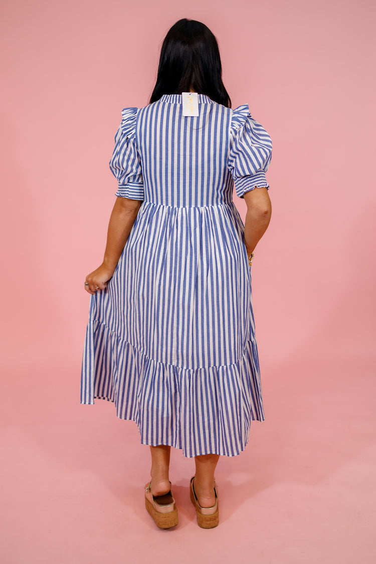Navy Stripe Tiered Linen Midi Dress Jaxe + Grace Boutique