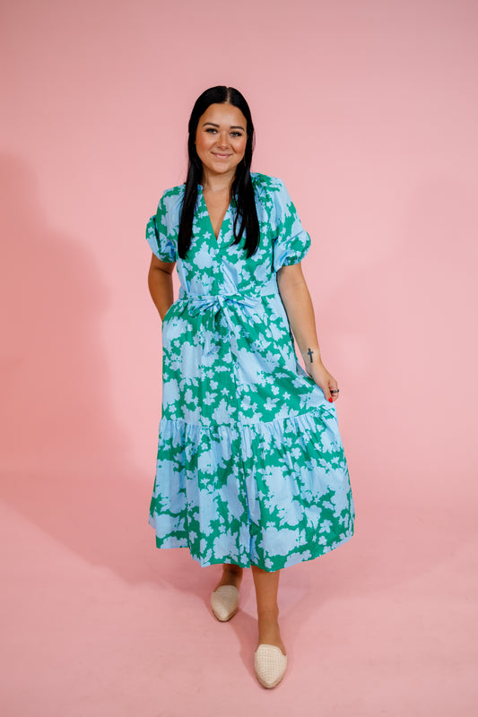 Blue and Green Floral Waist Tie Dress Jaxe + Grace Boutique