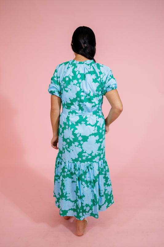 Blue and Green Floral Waist Tie Dress Jaxe + Grace Boutique